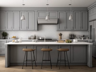 2D Rendering Of A Gray Kitchen With 4 Stools