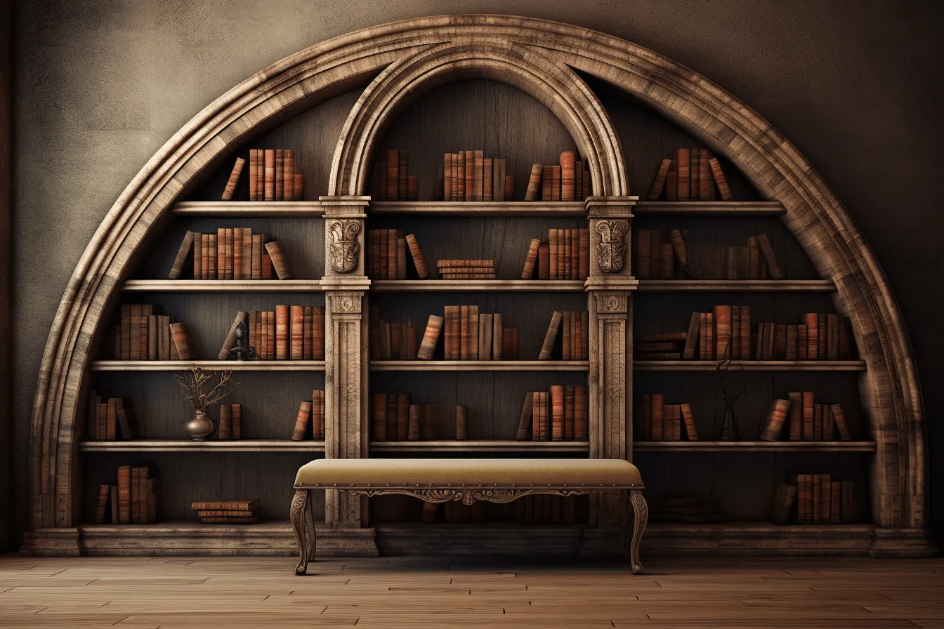 Bookshelves with an arch and an ornate bench, realistic hyper-detailed rendering, textured backgrounds, weathered materials, captivating visual storytelling, high dynamic range, dark brown and gray, medieval inspiration