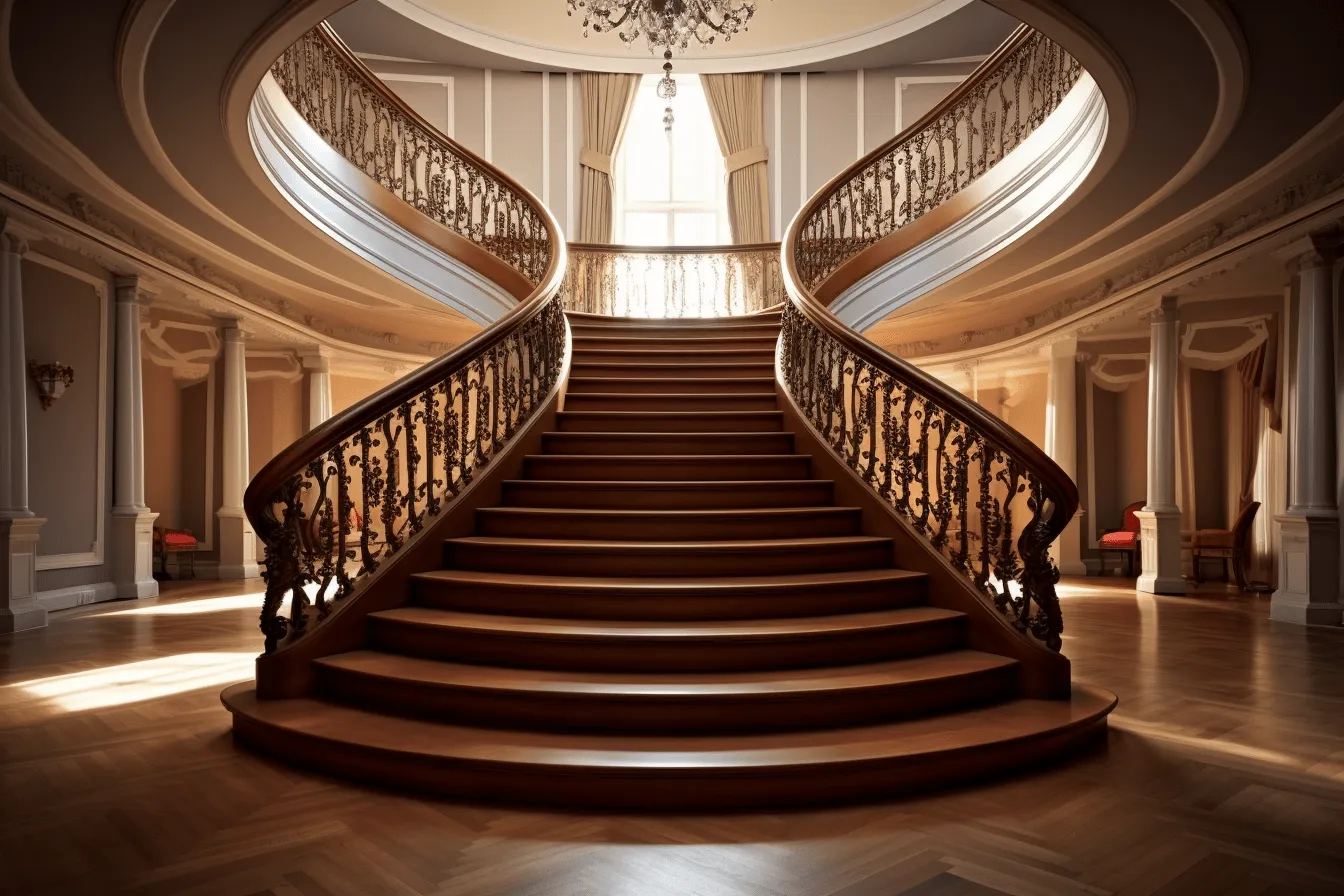 3d image of a staircase with many lights in a beautiful house, academic classicism, graceful curves, light orange and brown, wealthy portraiture, detailed marine views, richly layered, classical balance