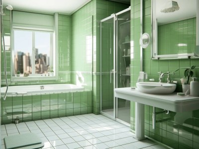 3D Bathroom With Green Tiled Walls And Mirrors