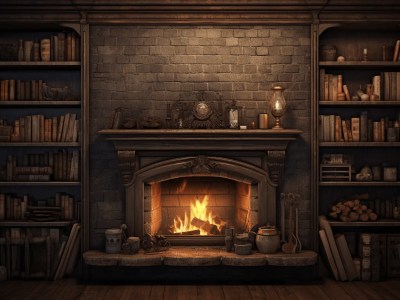 3D Illustration Of A Fire In A Fireplace, Surrounded By Bookshelves