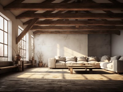 3D Illustration Of Living Room In A Building With Wooden Beams