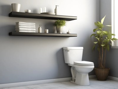 3D Image Of Bathroom Shelves And A Toilet Near Several Plants