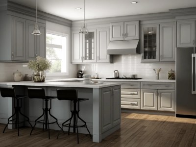 3D Kitchen Showing A Gray Island And Bar Stools