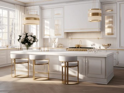 3D Model Of A Luxury, White Kitchen With Gold Accents