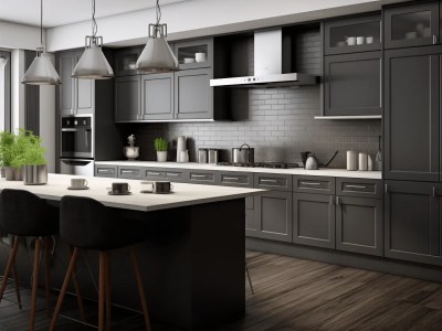 3D Render Of A Kitchen Of Dark Grey