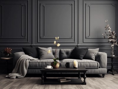 3D Render Of A Living Room With Gray Walls And Gray Couch