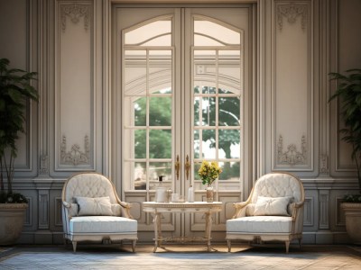 3D Render Of A Room With French Style Windows And Chairs