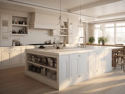 3D Rendering A Kitchen With Wooden Countertops And Wood Floors