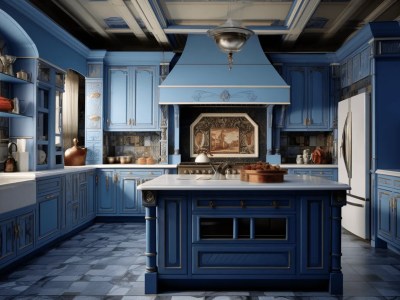 3D Rendering Blue Painted Kitchen With An Ornate Island