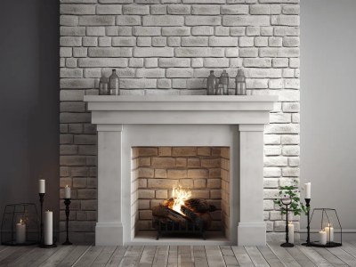 3D Rendering Image For Fireplace Illustration With Candles And White Brick In Room With Grey Walls