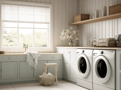 3D Rendering Image Of A Laundry Room With Two Washers, Sink And Window