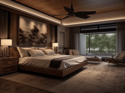 3D Rendering Of A Bedroom With Wood Walls And Ceiling Fan And Bed