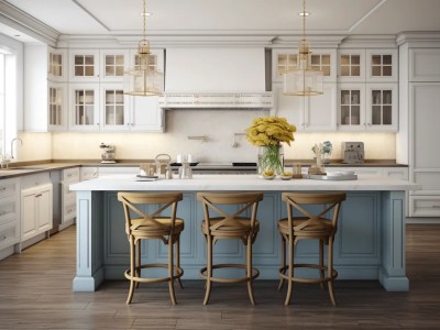 3D Rendering Of A Kitchen With Stools In A White Kitchen