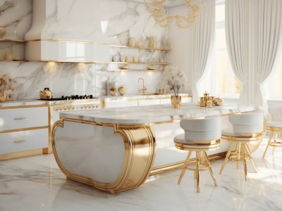 3D Rendering Of A Kitchen With White And Gold Decor