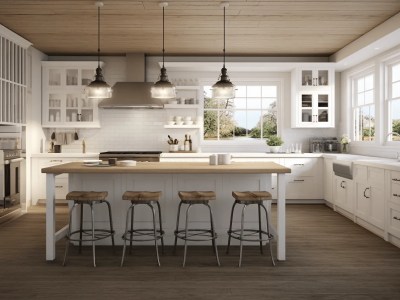 3D Rendering Of A Kitchen With Wood, Stone And White Cabinets