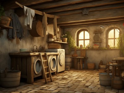 3D Rendering Of A Laundry Room With Large Pots And Plants