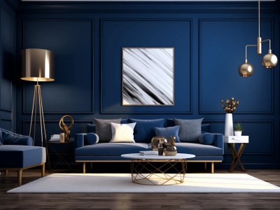 3D Rendering Of A Living Room In Blue And Gold