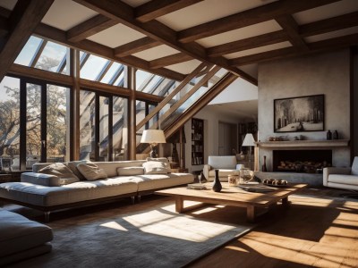 3D Rendering Of A Luxury Attic Living Room With Wood Floors And Windows