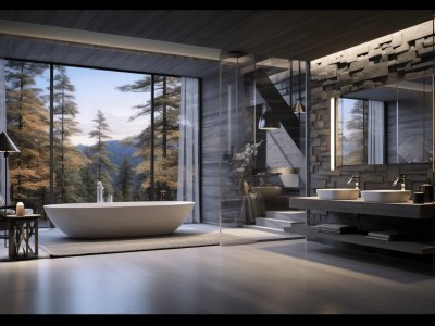 3D Rendering Of A Luxury Bathroom Overlooking The Forest