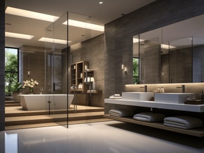 3D Rendering Of A Modern Bathroom With Glass Walls And A Bathtub