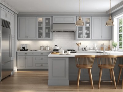 3D Rendering Of A Modern Kitchen With Gray Wood Cabinets