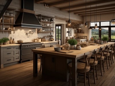 3D Rendering Of A Roomy Kitchen With Wooden Kitchen Island