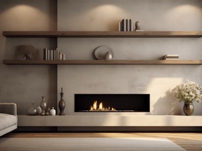 3D Rendering Of A Stylish Living Room With A Fireplace And Shelves