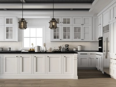 3D Rendering Of A Traditional White Kitchen With Wood Floor