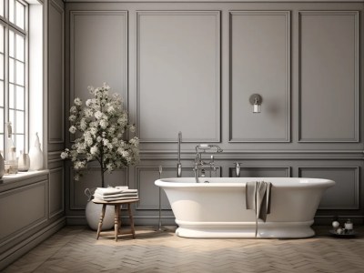 3D Rendering Of A White Bathroom With A Grey Tub And Flower