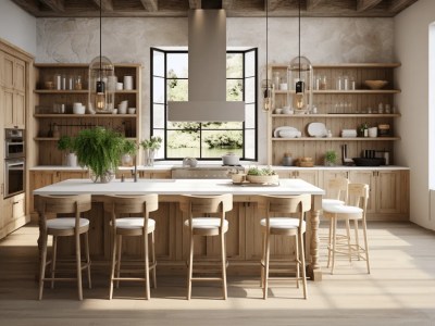 3D Rendering Of An Image Of A Kitchen With Wooden Cabinetry And Bar Chairs