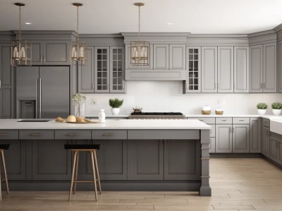 3D Rendering Of An Interior Kitchen, With Dark Grey Cabinets