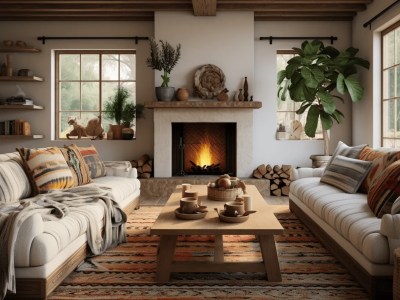 3D Rendering Of An Open Concept Space With A Fireplace, Couch