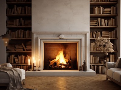 3D Rendering Of Fireplace With Bookshelves