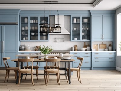 3D Rendering Of Interior Kitchen With Blue Cabinetry