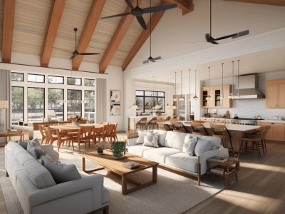 3D Rendering Of Large Open Spaces With Rustic Wood Ceilings