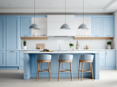 3D Rendering Of Light Blue Kitchen Concept With Stools