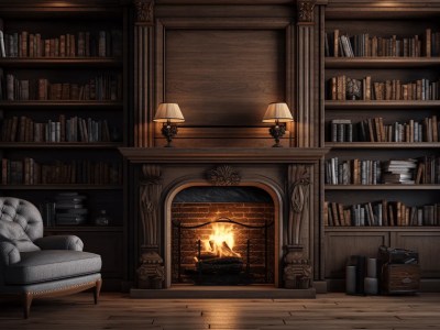 3D Rendering Of Living Room Library With Fireplace, Chair And Bookshelves