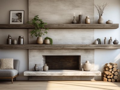 3D Rendering Of Living Room Using Fireplace With Potted Plants