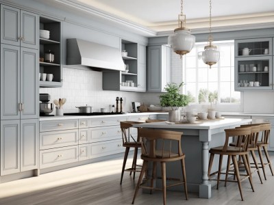 3D Rendering Of Traditional Kitchen With Grey Walls With Marble Counters