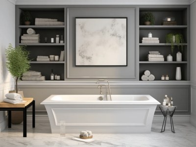 3D Rendering Of White, Grey, And Marble Master Bathroom