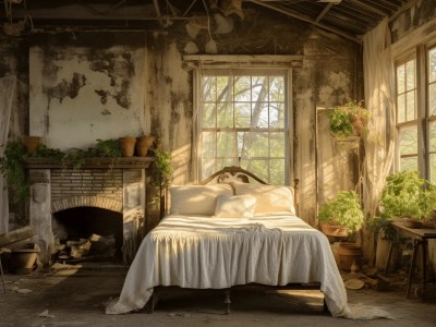 Abandoned Bedroom With Flowers In Bloom And A Bed