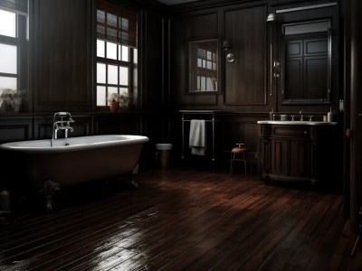 Antique Bathroom Is Shown With Dark Wood Floors