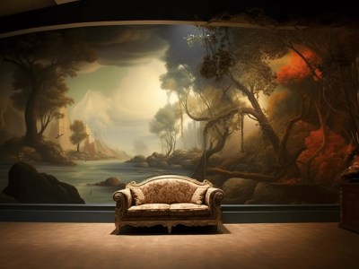 Antique Couch In Front Of A Mural Of A Lake