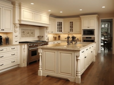 Antique White Kitchen With Wood Floors, Light Colored Cabinets, And An Island