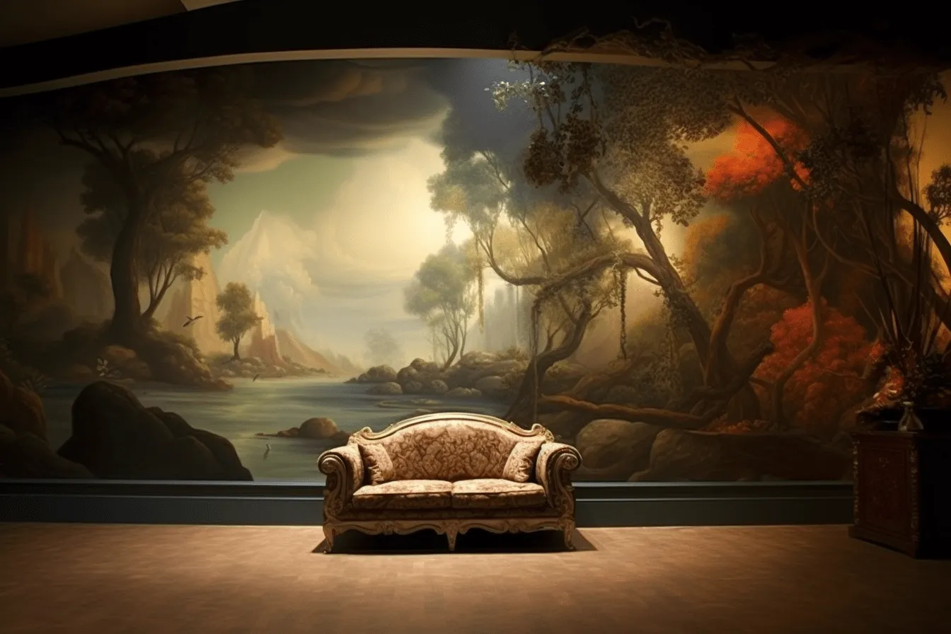 Antique couch in front of a mural of a lake, epic fantasy scenes, detailed naturalism, fantasy-based, muralist, use of light and shadow, depictions of theater, dreamlike naturaleza