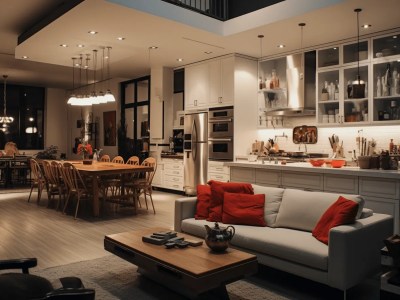 Apartment Kitchen With Red Couches And Red Dining Table