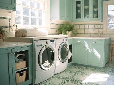 Aqua Colored Laundry Room With White Cabinets