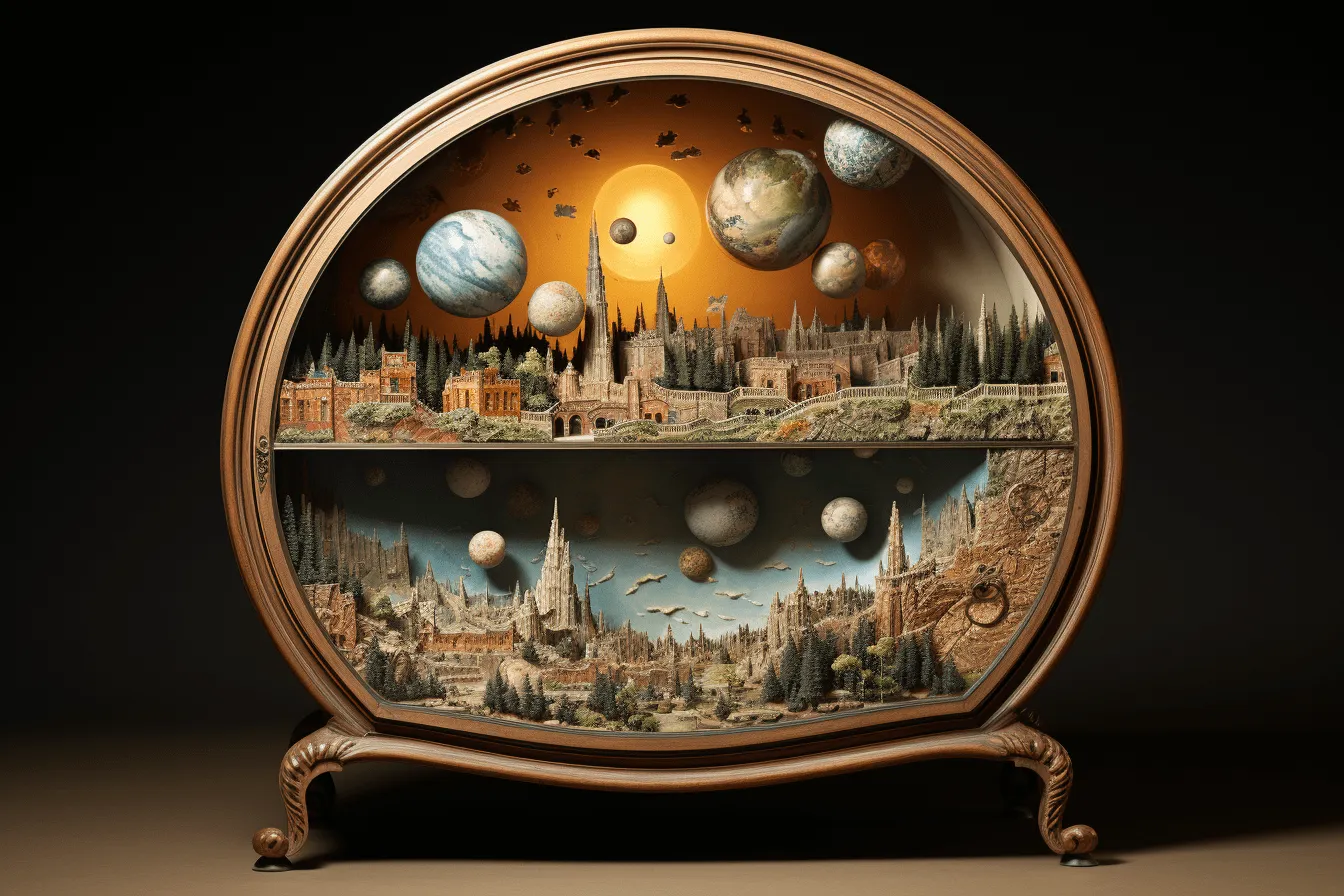 Art of space crafted by sonia hollebrandt for faberge, apocalypse landscape, humorous tableau, realistic, detailed rendering, bentwood, lightbox, art of burma, multilayered dimensions