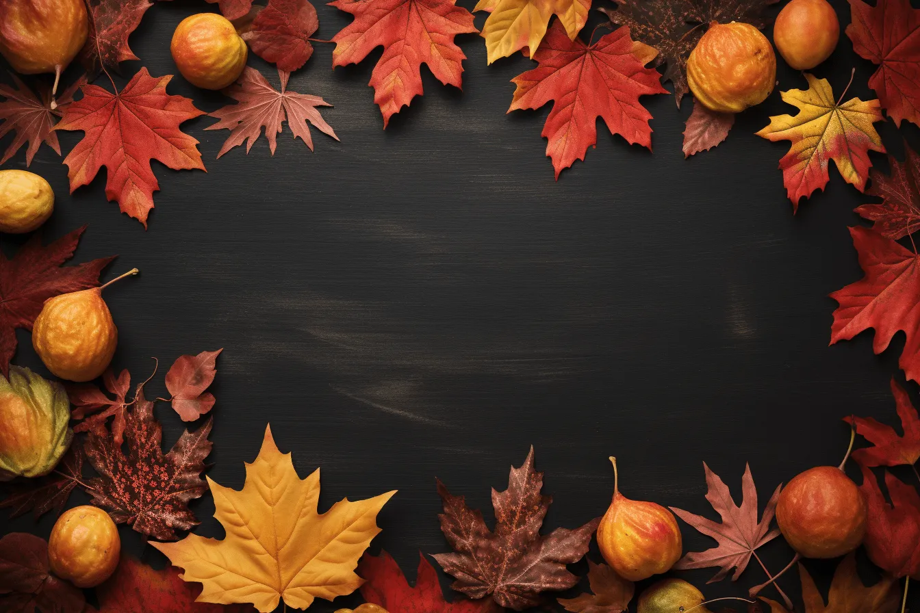 Autumn leaf frame with copy space, turkey with pumpkins, acorns, dark palette chiaroscuro, uhd image, lively tableaus, varying wood grains, subtle, orange and crimson, matte photo